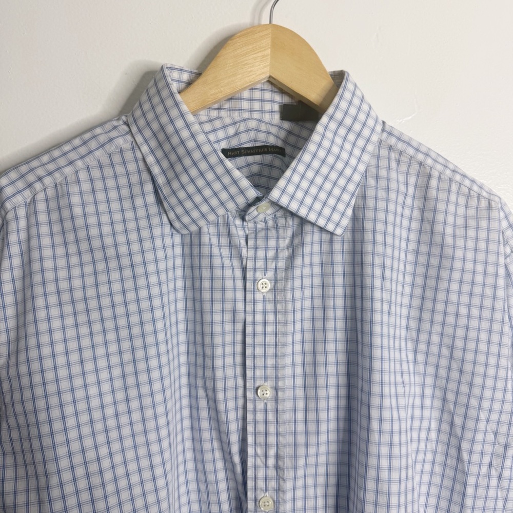 Hart‎ Schaffner Marx Men’s Plaid Dress Shirt White Blue 18 XXL Preppy Workwear
